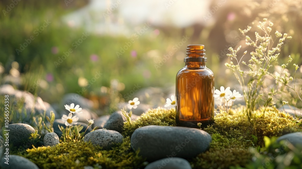 Glass bottle resting on stones and moss against a natural backdrop showcasing natural cosmetics with herbs aromatherapy and essential oils Glass bottle resting on stones and moss against a natural backdrop showcasing natural cosmetics with herbs aromatherapy and essential oils
