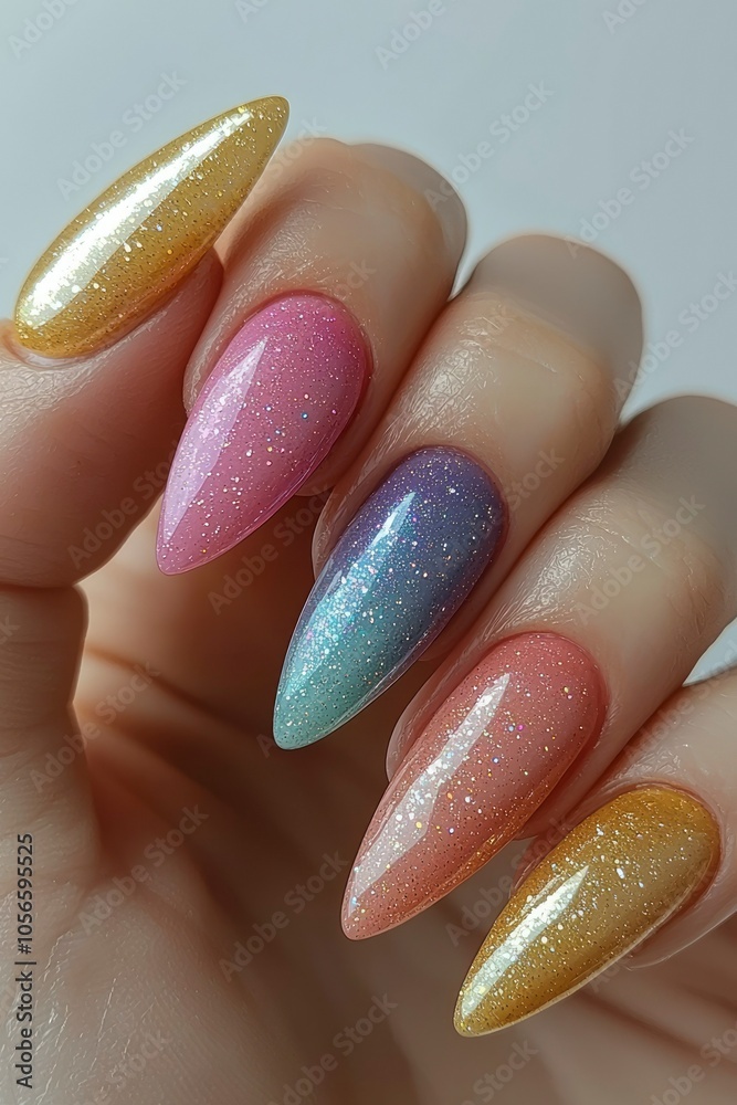 Closeup of Hand with Almond-Shaped Nails Painted with Glitter Nail Polish Closeup of Hand with Almond-Shaped Nails Painted with Glitter Nail Polish