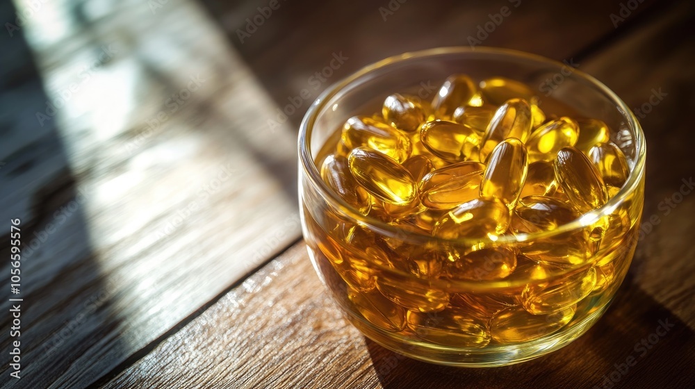 Fish oil supplements containing Omega 3 in a container Fish oil supplements containing Omega 3 in a container