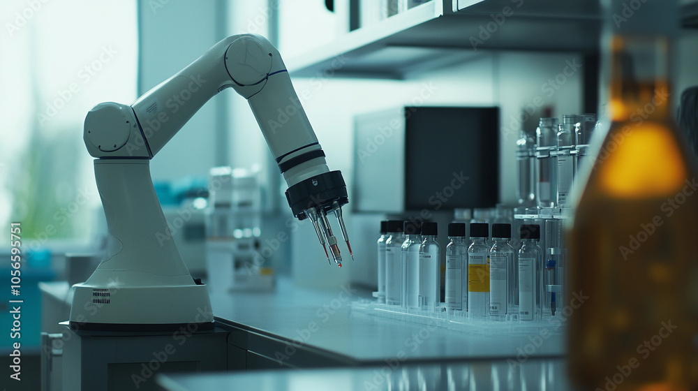 Robotic arm conducting laboratory experiments with sample vials in a modern research facility