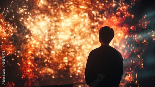 Silhouette of a Person Against a Fireworks Display