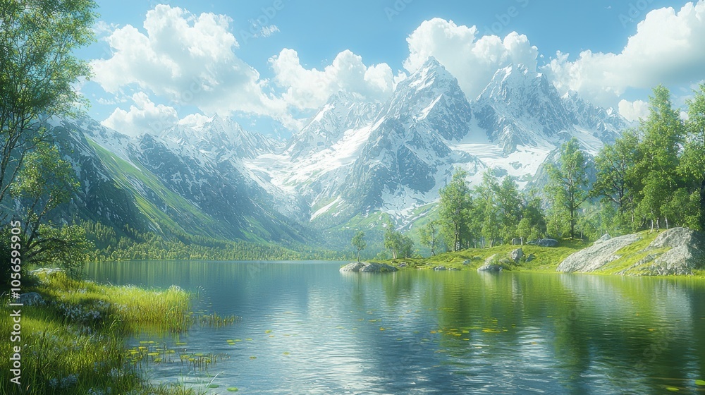 Fototapeta premium Mountain lake surrounded by lush greenery.