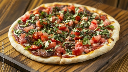 Pizza topped with tomatoes basil and meat served on a wooden tray