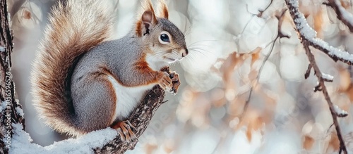 Red And Gray Haired Squirrel Sitting On The Tree In Early Spring Forest