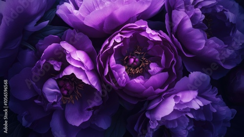 Fototapeta Naklejka Na Ścianę i Meble -  Banner featuring stunning purple peonies with a soft focus against a dark floral backdrop capturing the essence of spring or summer celebrations