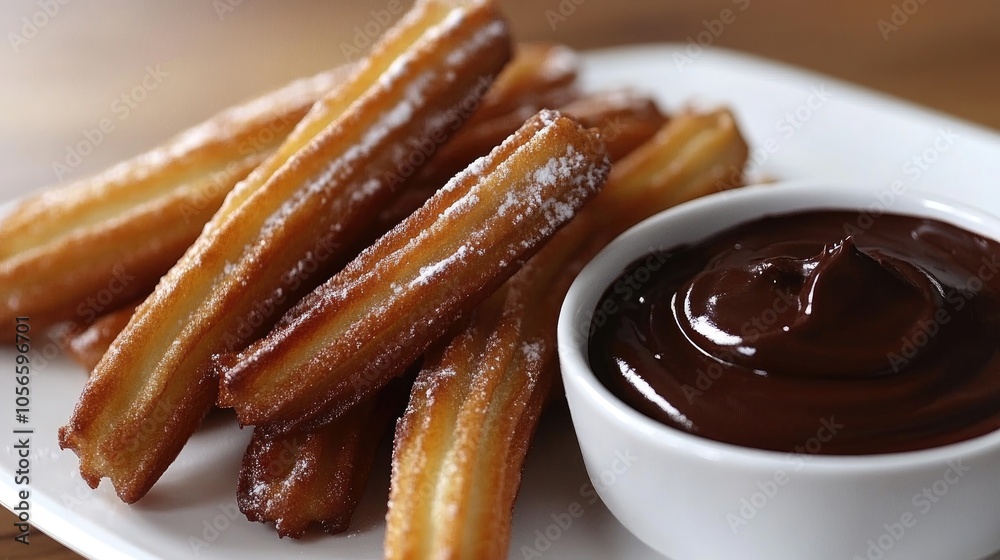 Tasty churros accompanied by a rich chocolate dipping sauce on a white plate ideal for those who love desserts Tasty churros accompanied by a rich chocolate dipping sauce on a white plate ideal for those who love desserts