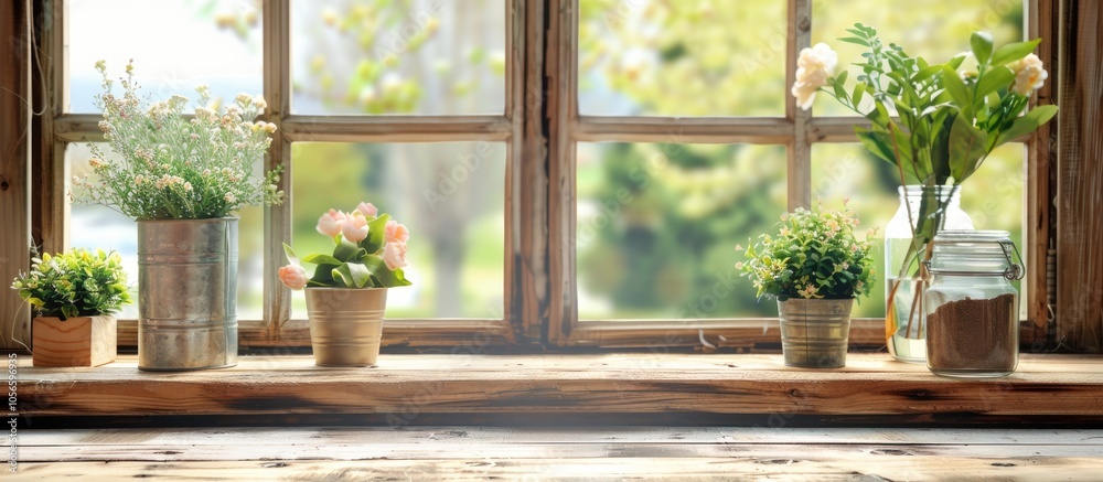 Spring Wooden Window Space In Blurred Background And Interior Space And Wooden Kitchen Desk Space Spring Wooden Window Space In Blurred Background And Interior Space And Wooden Kitchen Desk Space