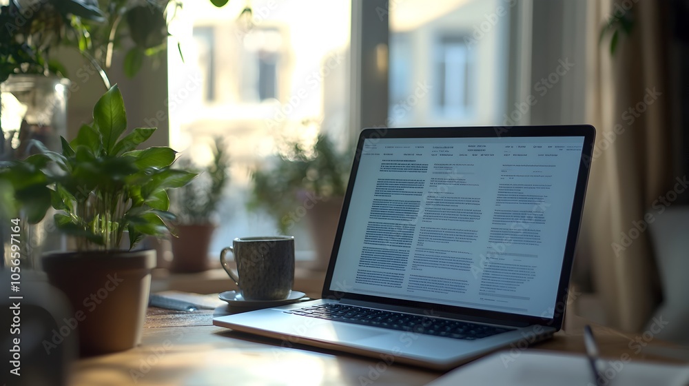 Modern Workspace with Laptop Screen Displaying 2025 Business Plan Strategy Document Modern Workspace with Laptop Screen Displaying 2025 Business Plan Strategy Document