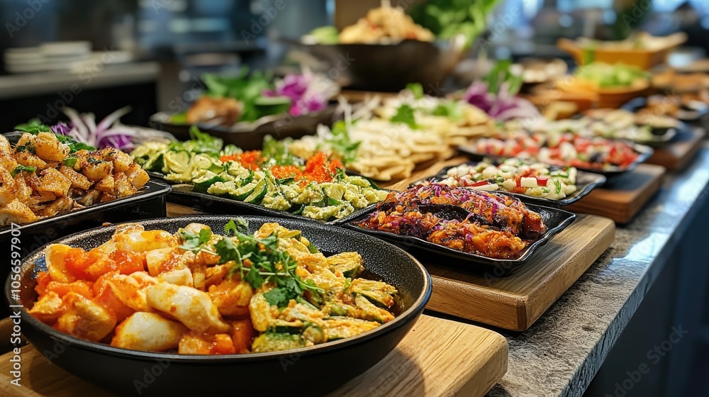 Diverse assortment of dishes arranged in a buffet setting at an upscale dining establishment Diverse assortment of dishes arranged in a buffet setting at an upscale dining establishment