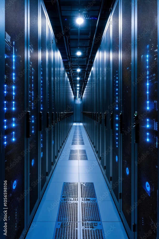 A Long Corridor of Server Racks in a Data Center A Long Corridor of Server Racks in a Data Center
