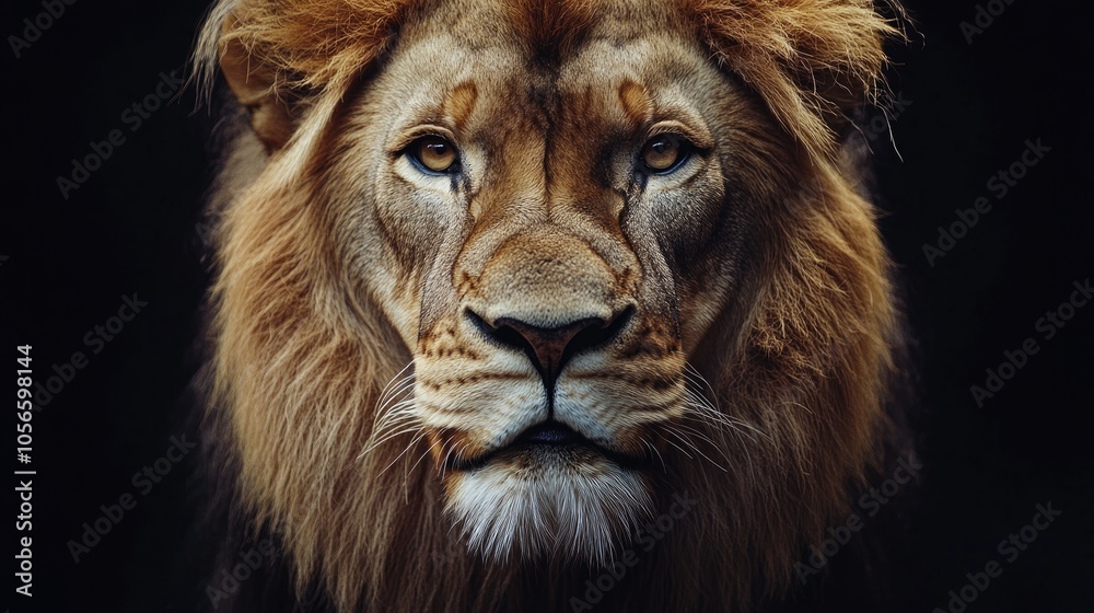 Fototapeta premium Close up portrait of a majestic lion captured through macro photography against a dark backdrop