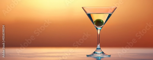 A refreshing martini glass with a green olive, against a stunning sunset background. photo