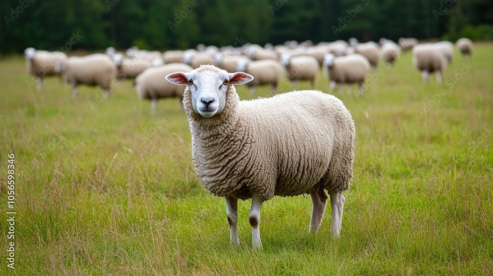 Sheep grazing in a meadow with one sheep facing the camera while the rest of the herd is visible in the background Sheep grazing in a meadow with one sheep facing the camera while the rest of the herd is visible in the background