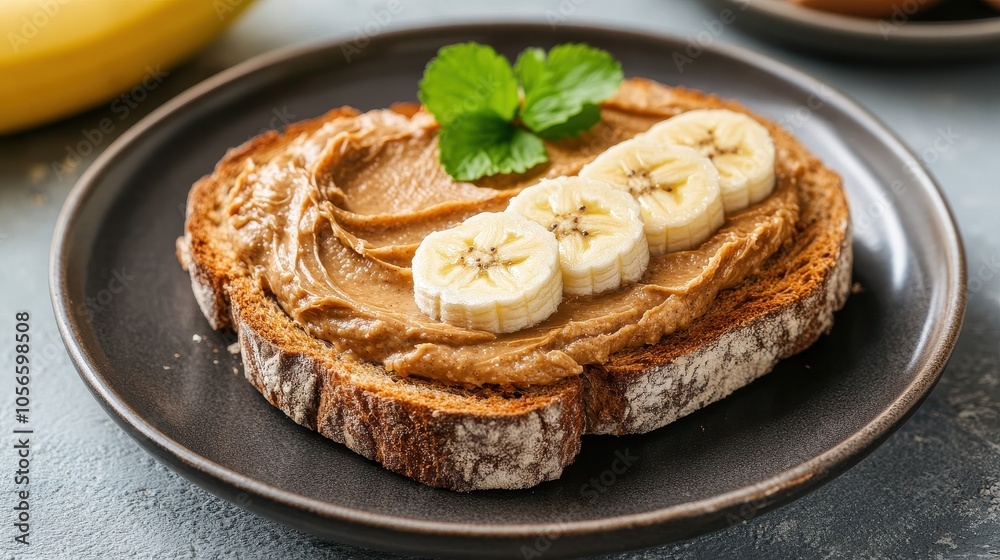 Delicious whole grain toast topped with creamy peanut butter and fresh banana slices, garnished with a mint leaf. Delicious whole grain toast topped with creamy peanut butter and fresh banana slices, garnished with a mint leaf.