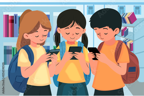 kids friends looking at their mobile phones vector illustration