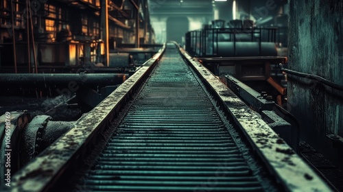 Conveyor belts in an industrial setting showcasing heavy machinery and a gritty atmosphere