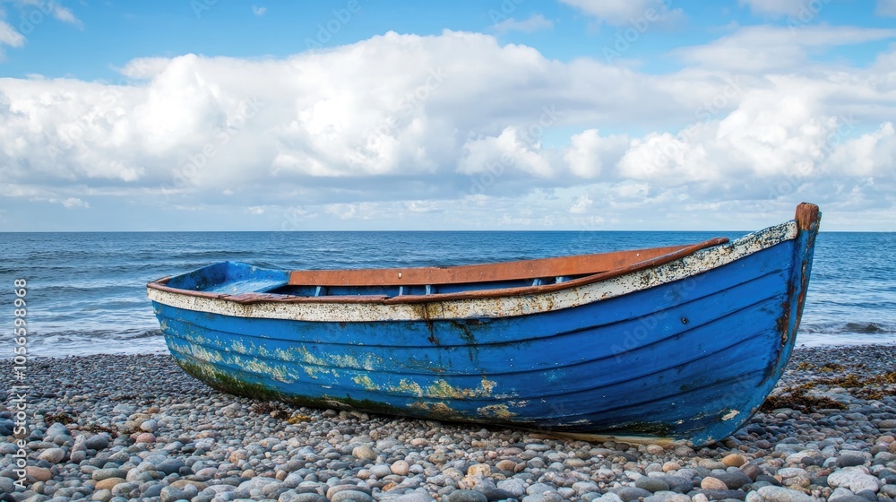 Damaged blue boat on a pebble shore with ocean backdrop highlighting the effects of a storm on a sunny day Ample copy space ideal for nature or abstract themes Damaged blue boat on a pebble shore with ocean backdrop highlighting the effects of a storm on a sunny day Ample copy space ideal for nature or abstract themes