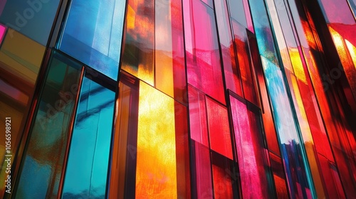 Colorful glass panels form a dynamic abstract structure producing a lively and contemporary visual impact