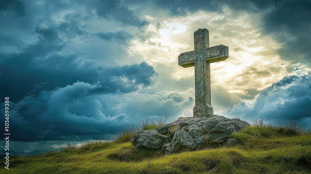 Magnificent Stone Cross atop a Breezy Hill Under Striking Skies Magnificent Stone Cross atop a Breezy Hill Under Striking Skies