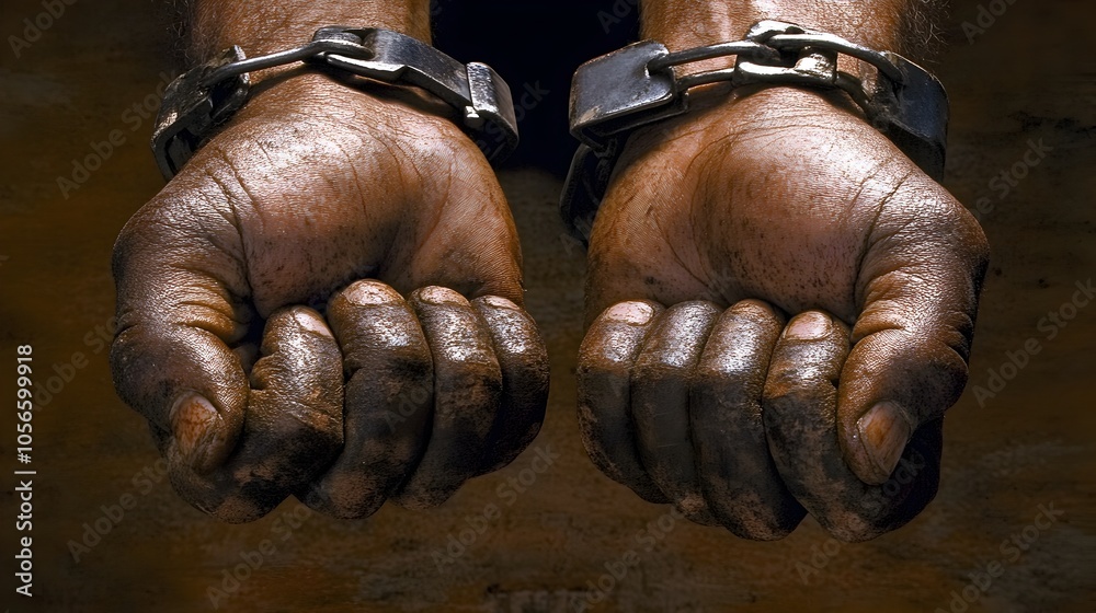 Handcuffed Hands Raised in Front,Tension Visible,Law and Justice Concept Handcuffed Hands Raised in Front,Tension Visible,Law and Justice Concept