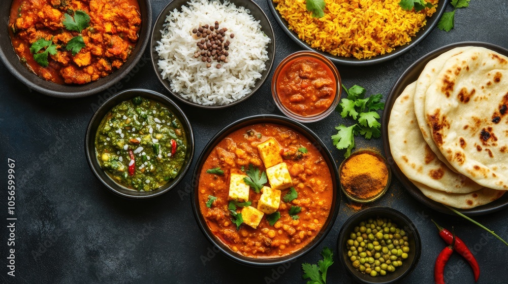 Variety of Indian dishes arranged on a dark background Includes bowls and plates featuring curries rice lentils paneer naan chutney and spices for a cultural celebration