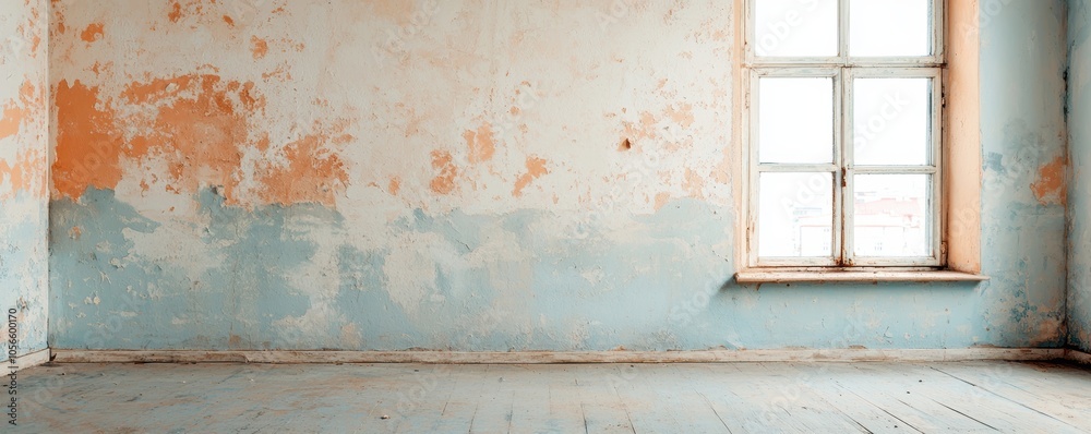 An empty room with peeling paint and large window, showcasing a forgotten space with natural light. An empty room with peeling paint and large window, showcasing a forgotten space with natural light.