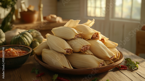 Pile of freshly steamed tamales with corn husks partially open to reveal filling, set on a wooden table with a bowl of salsa, cozy and homestyle Mexican setting photo