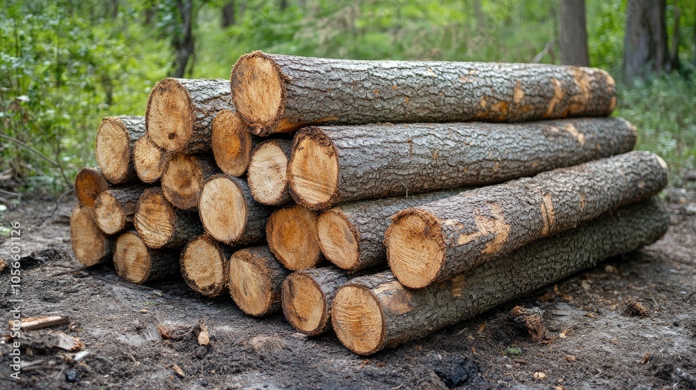Stack of logs on the ground prepared for chopping into firewood Stack of logs on the ground prepared for chopping into firewood
