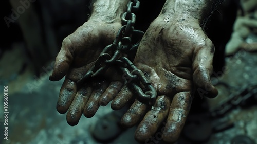 Hands Bound by Metal Chain Resting on Surface,Symbolic of Loss of Freedom photo