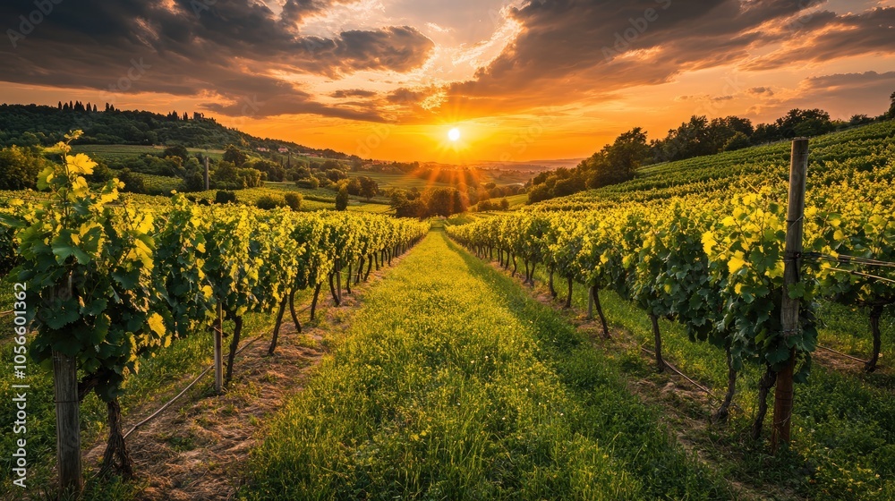 Naklejka premium Scenic vineyard at sunset with lush grape rows in summer
