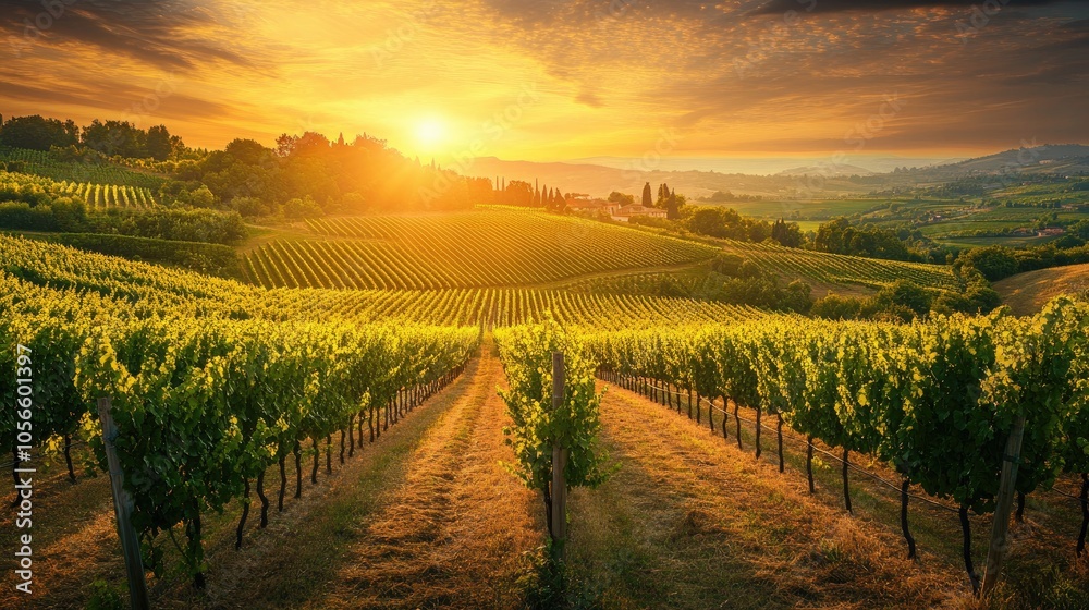 Fototapeta premium Scenic vineyard at sunset with lush grape rows in summer