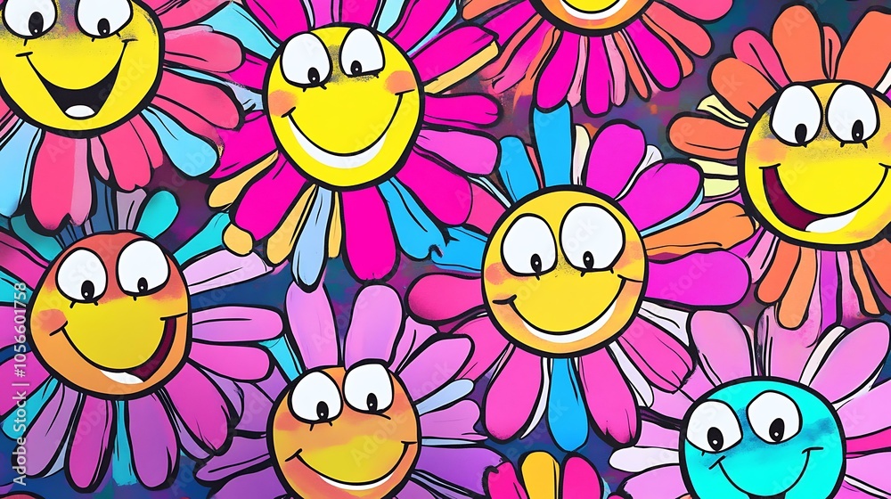 A retro-inspired set of flower cartoon stickers featuring daisies with big, happy smiles and whimsical eyes, designed in a vibrant, groovy aesthetic with bold colors and psychedelic patterns A retro-inspired set of flower cartoon stickers featuring daisies with big, happy smiles and whimsical eyes, designed in a vibrant, groovy aesthetic with bold colors and psychedelic patterns