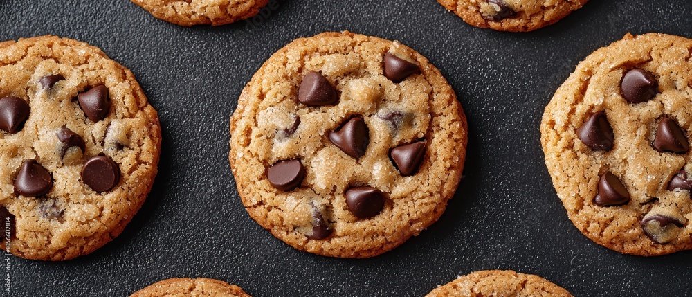 Delicious chocolate chip cookies arranged neatly on a dark background. Delicious chocolate chip cookies arranged neatly on a dark background.