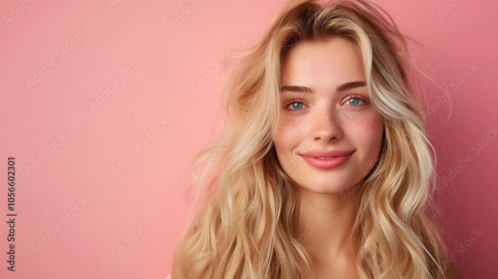 Smiling young woman with blonde long groomed hair isolated on pastel flat background with copy space. Blonde hair care products banner template, hair salon Smiling young woman with blonde long groomed hair isolated on pastel flat background with copy space. Blonde hair care products banner template, hair salon