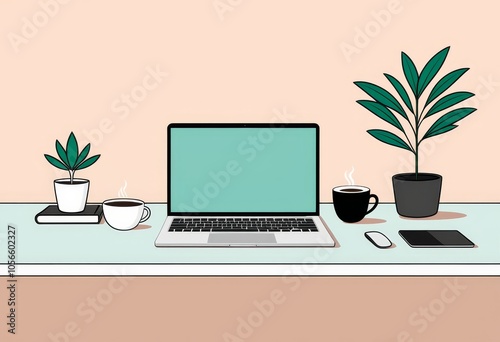 Minimalist workspace with laptop, coffee, and green plants for a modern home office