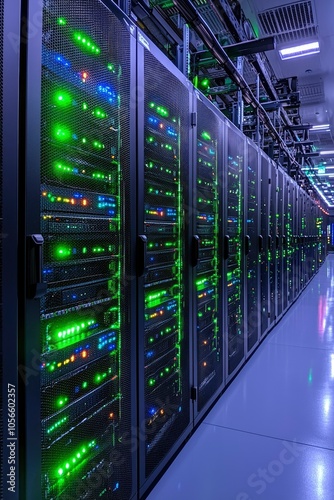 Rows of Server Racks with Glowing Lights in a Data Center