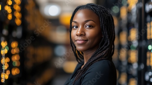 Confident Young Woman in a Modern Data Center with Warm Lighting