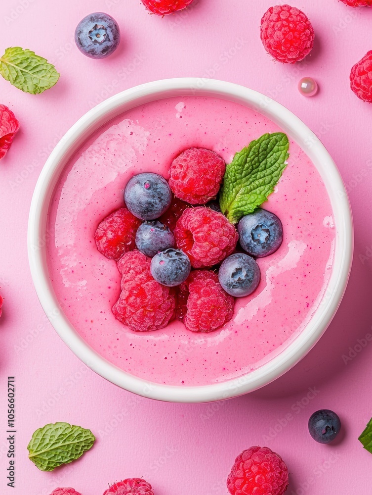 Delicious smoothie bowl topped with fresh raspberries and blueberries on a pink background. Delicious smoothie bowl topped with fresh raspberries and blueberries on a pink background.