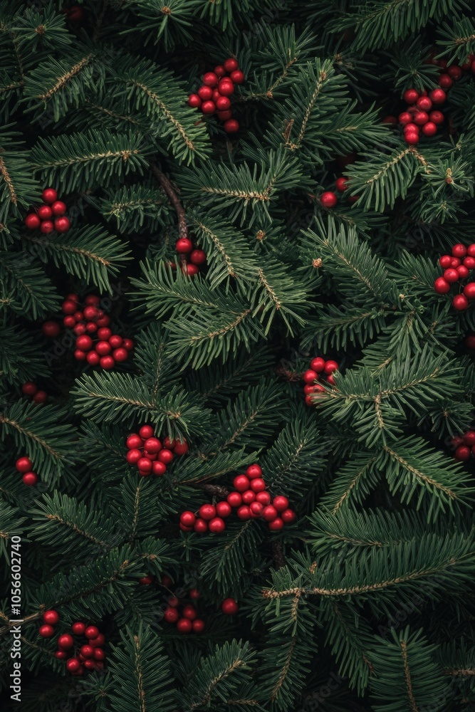 Pine Tree with Red Berries Close Up