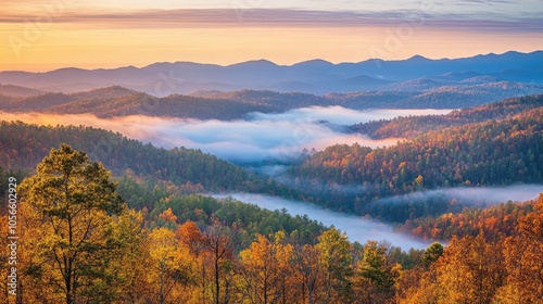 Serene Mountain Landscape at Dawn with Misty Valley