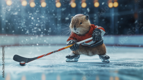 Ice Hockey. Adorable beaver playing ice hockey, wearing skates and hockey gear, intensely focused on the puck. Image made using Generative AI.