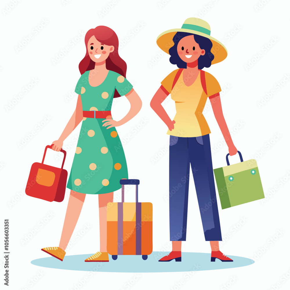 vector women in summer clothes with travel bag vector women in summer clothes with travel bag