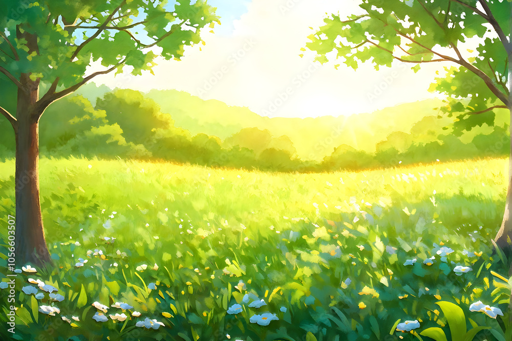 The season of summer, when trees and grass grow green and lush and feel warm, illustrated style painting The season of summer, when trees and grass grow green and lush and feel warm, illustrated style painting