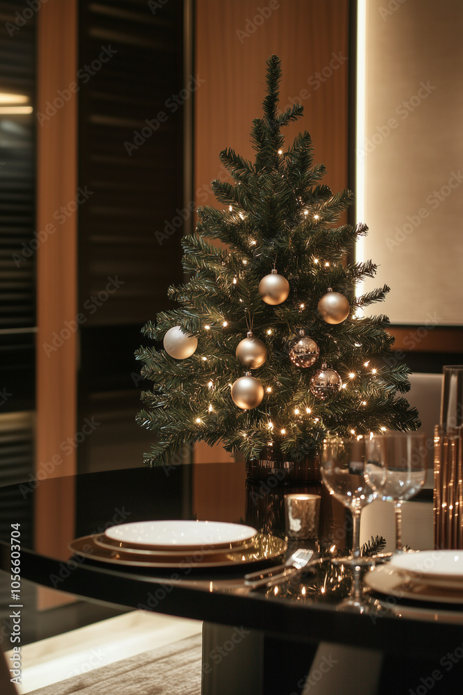 christmas tree with christmas decorations, A Christmas tree placed in the corner of a modern dining room, holiday environment, night interior christmas tree with christmas decorations, A Christmas tree placed in the corner of a modern dining room, holiday environment, night interior