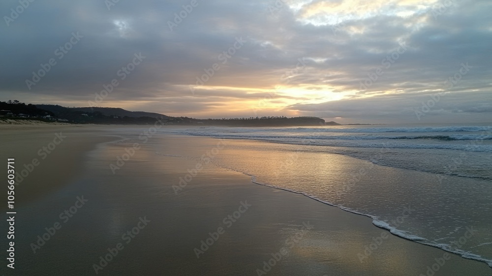 Fototapeta premium Serene Sunrise Over Tranquil Beach Waters
