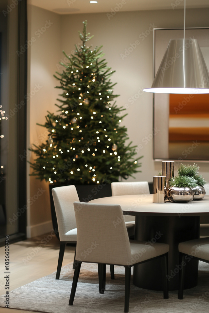 christmas tree with christmas decorations, A Christmas tree placed in the corner of a modern dining room, holiday environment, night interior christmas tree with christmas decorations, A Christmas tree placed in the corner of a modern dining room, holiday environment, night interior