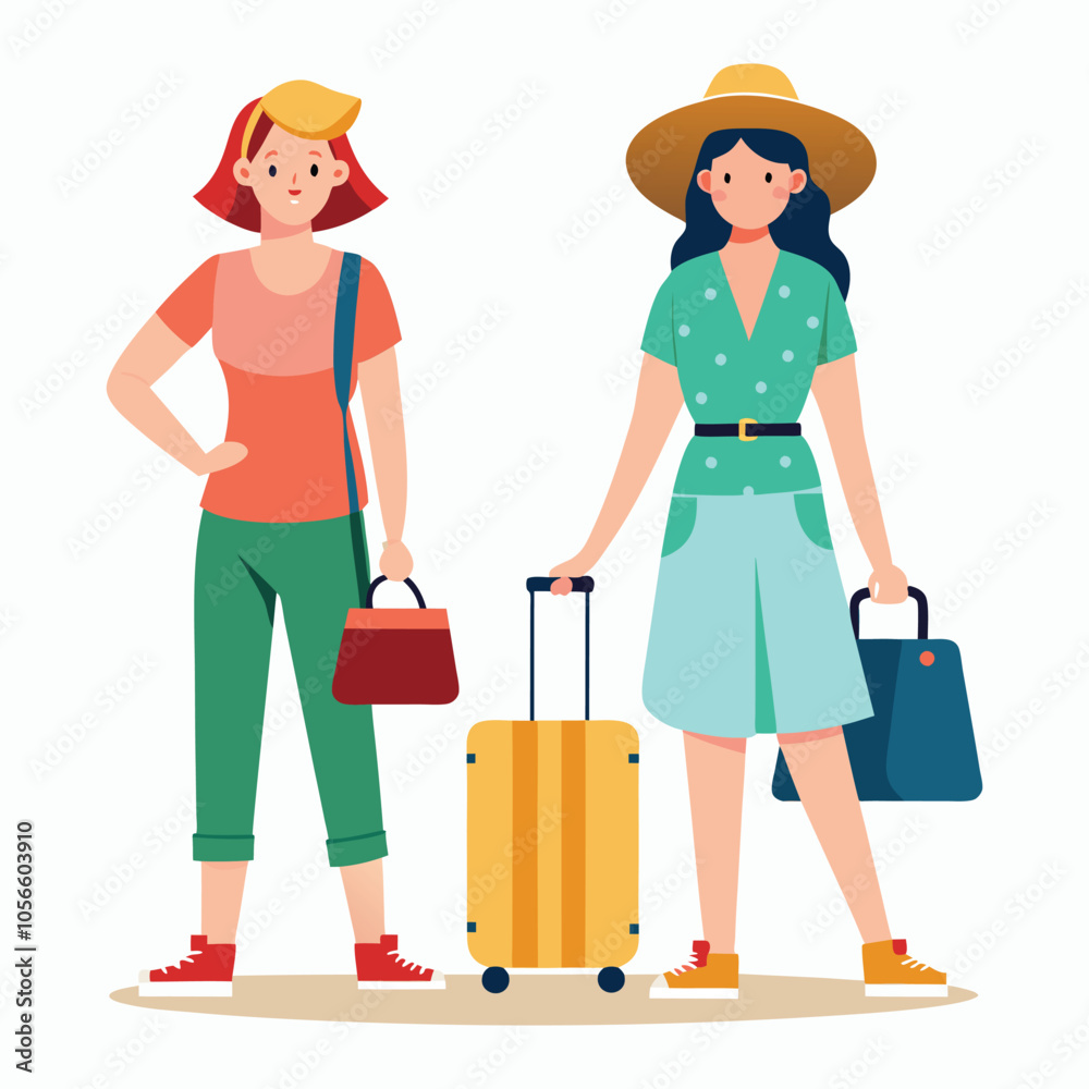 vector women in summer clothes with travel bag vector women in summer clothes with travel bag