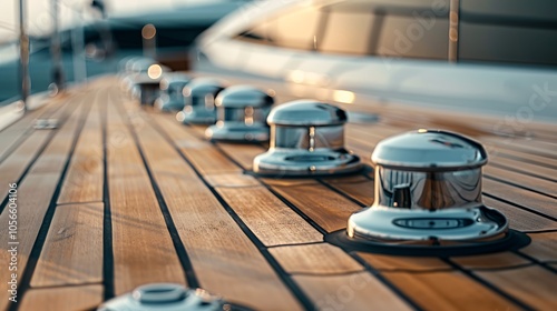 Close-up of a yacht deck with elegant teak wood and stainless steel fittings photo