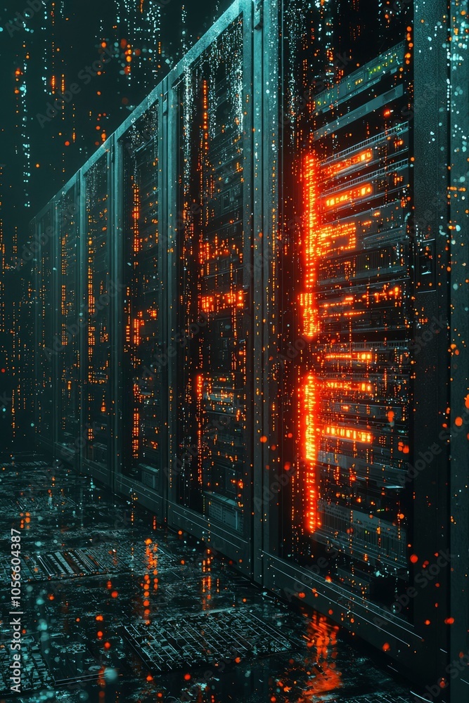 Obraz premium Server Racks with Orange Lights and a Digital Rain Effect