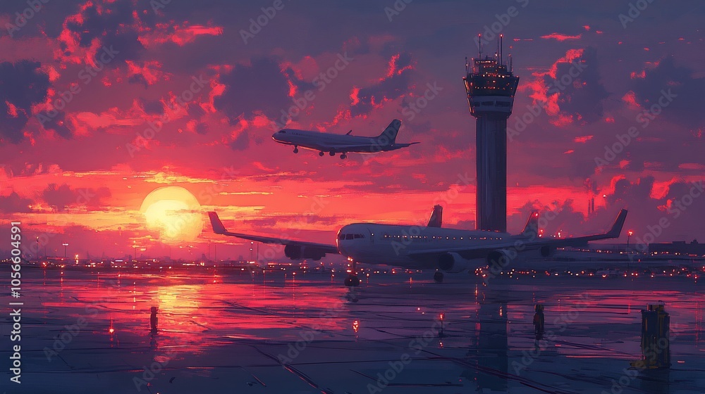 Obraz premium Airplane taking off at sunset with a control tower and another plane on the tarmac.